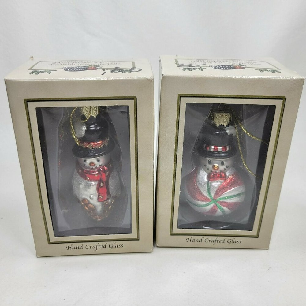 Lot of 2 Snowman Designers Studio HandCrafted Glass Ornaments 3-4" in Box
